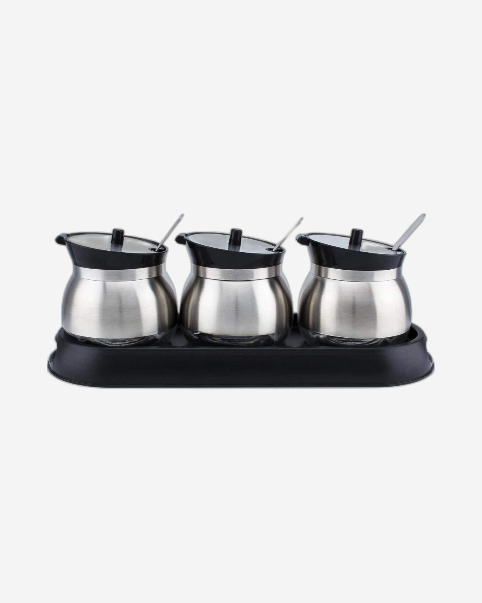 Cuisine Art Set of 3 Glass Spice Jar with Stainless Steel Shell and Spoon in Black Plastic Stand