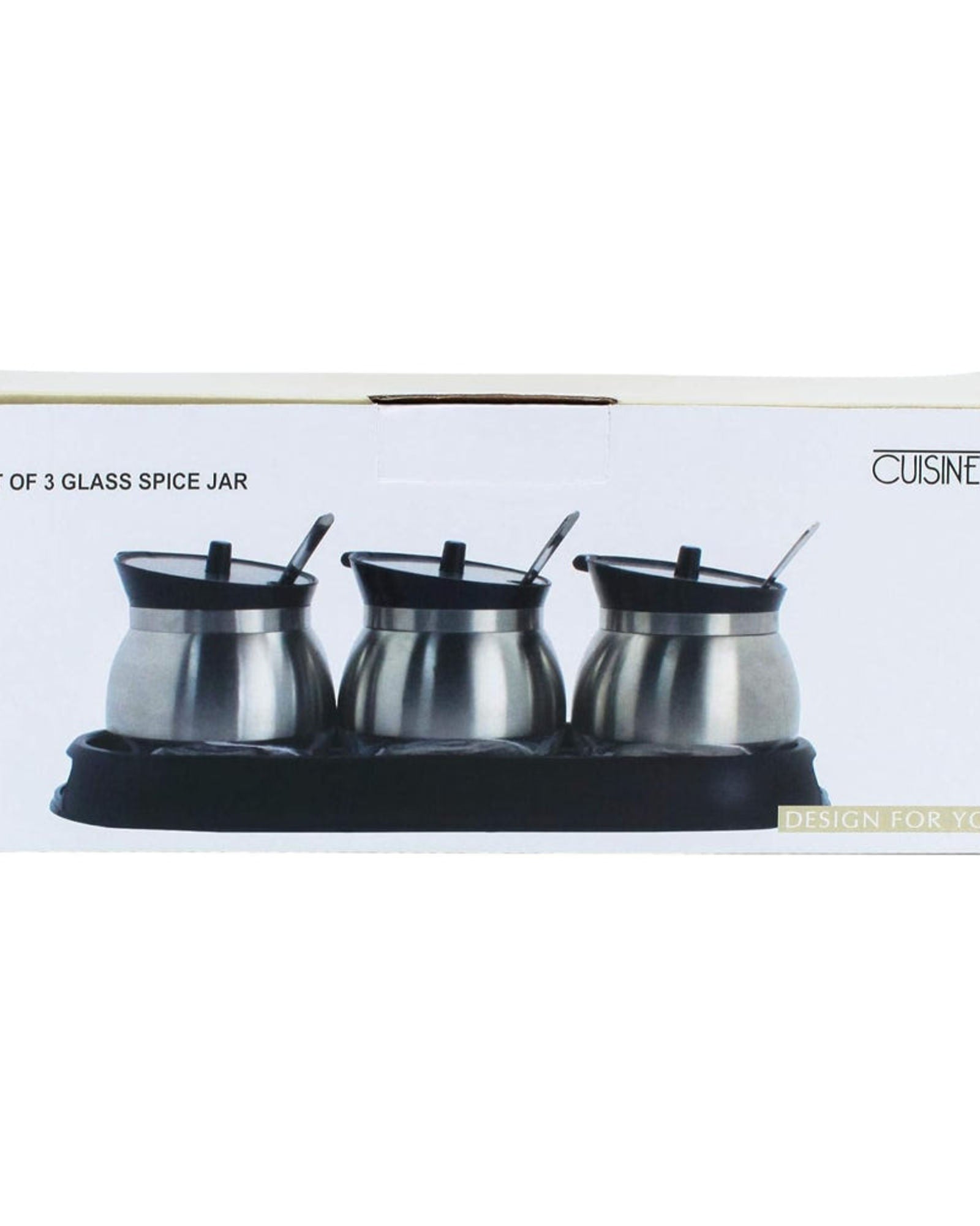 Cuisine Art Set of 3 Glass Spice Jar with Stainless Steel Shell and Spoon in Black Plastic Stand