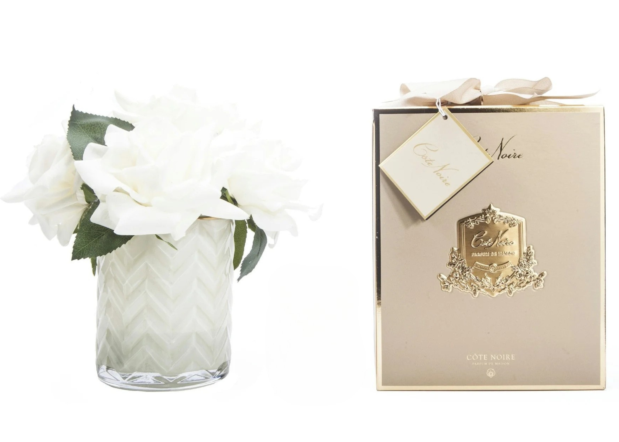 "Rose Buds Herringbone Bouquet" in Glass Vase with Artificial Silk Flowers