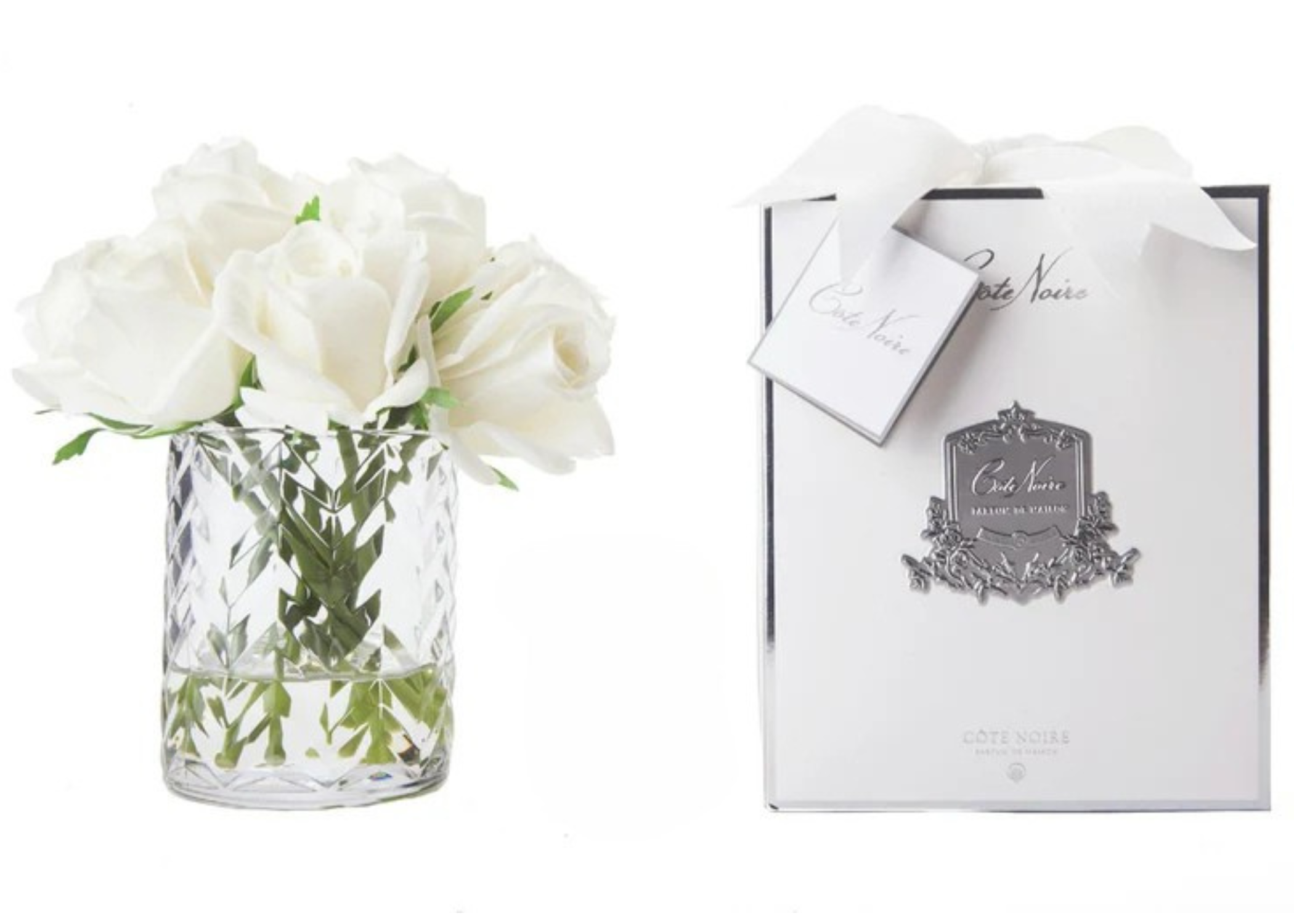 Linen Obsession "Rose Buds Herringbone Bouquet" in Glass Vase – Artificial Silk Flowers