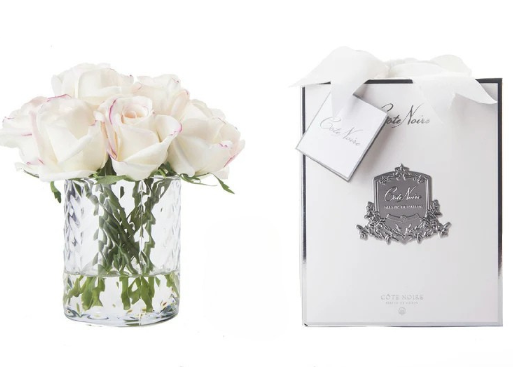 "Rose Buds Herringbone Bouquet" in Glass Vase with Artificial Silk Flowers