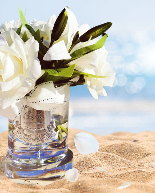 "Rose & Lily Bouquet" in Glass Vase with Artificial Silk Flowers - Ivory White