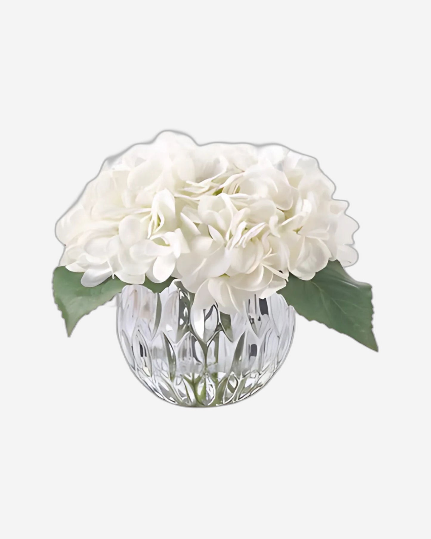 "Round Hydrangeas Bouquet" in Glass Vase with Artificial Silk Flowers