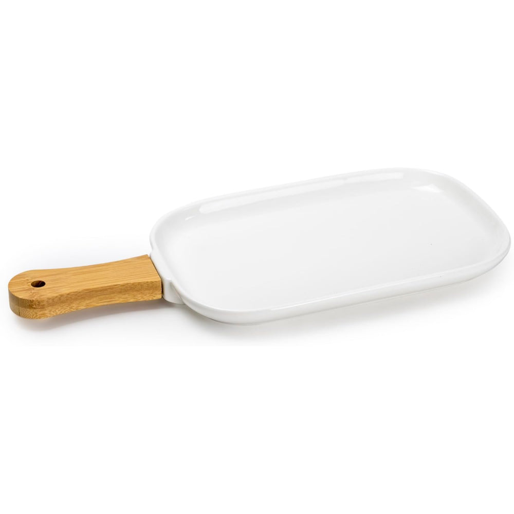 Shallow Porcelain Ceramic Plate with Bamboo Handle - Gourmet Serveware Tableware, 35x15x2.3cm, White - Brown