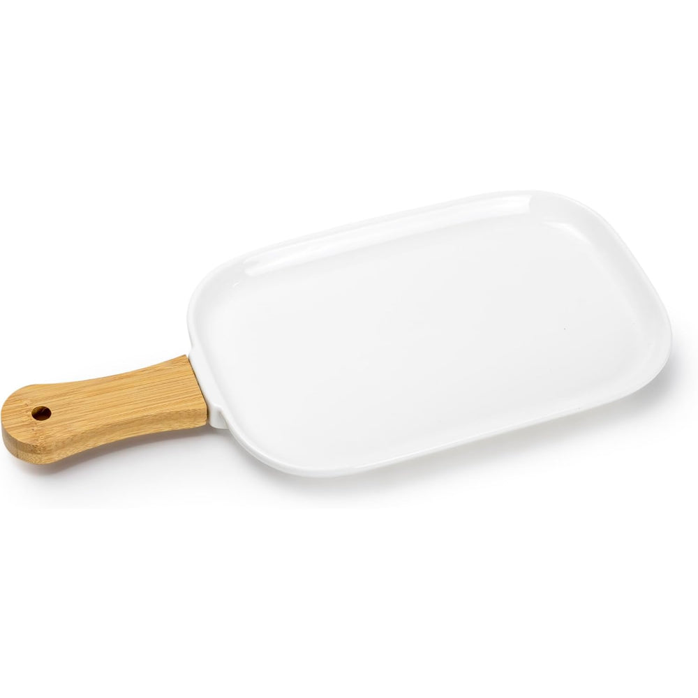 Shallow Porcelain Ceramic Plate with Bamboo Handle - Gourmet Serveware Tableware, 35x15x2.3cm, White - Brown