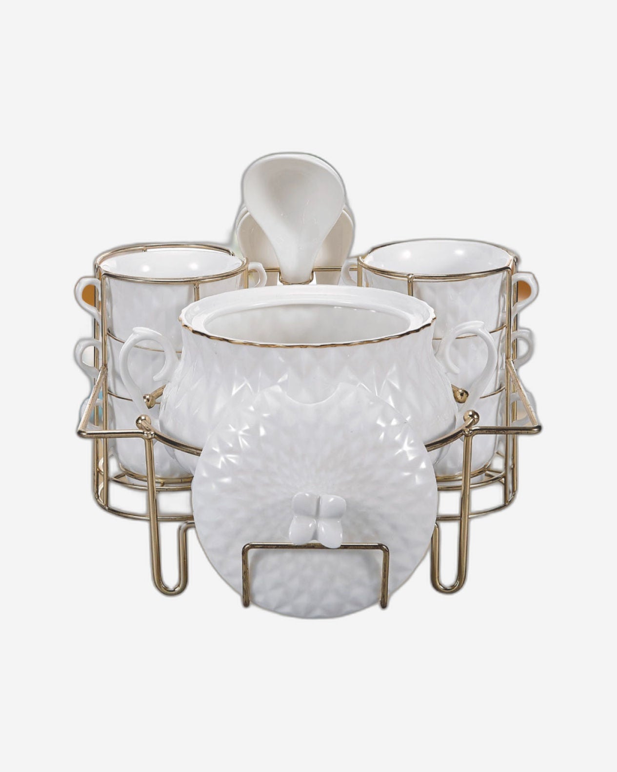 Shallow 15-Piece Porcelain Soup Set with Gold Stand – Elegant Dinnerware for Serving