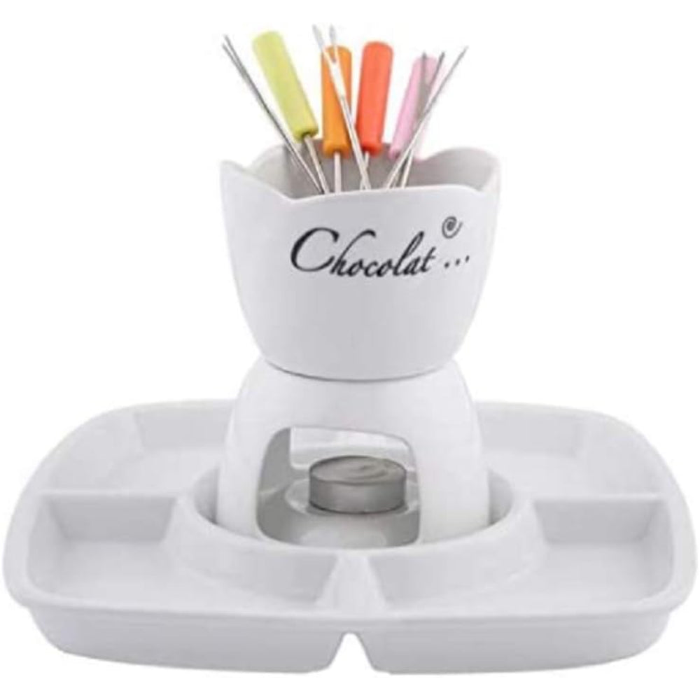 Shallow Porcelain Fondue Set, White – Elegant Serveware for Cheese, Chocolate, and More