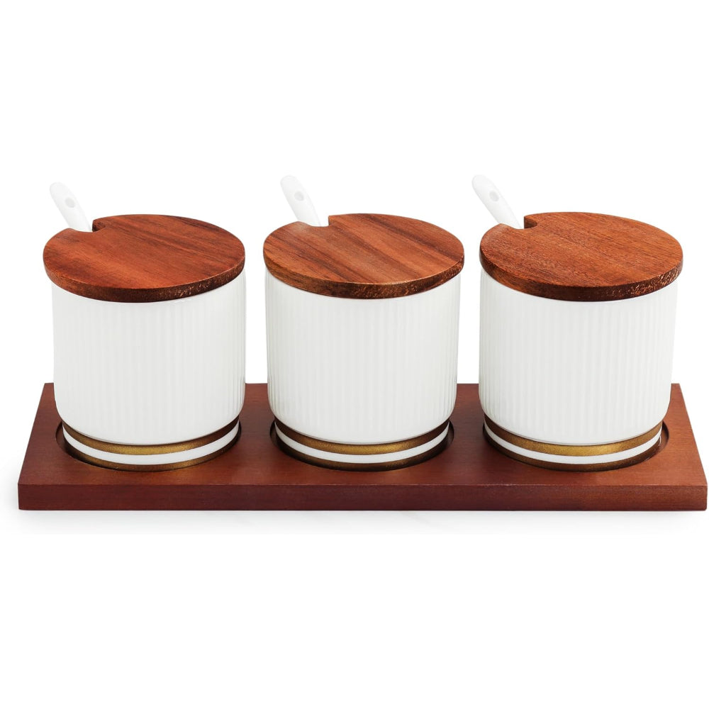 Shallow Porcelain New Verde 3-Compartment Condiment Set with Bamboo Tray - Elegant Tabletop Delight