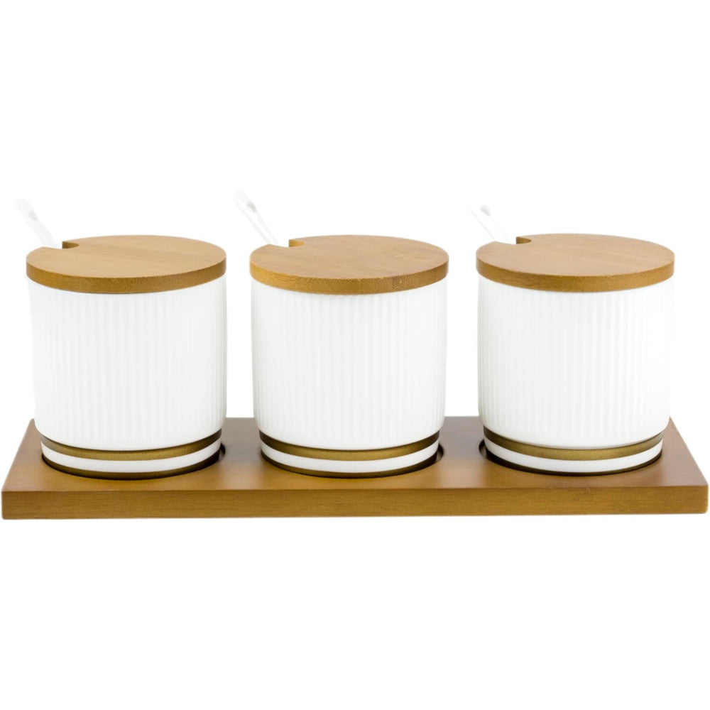 Shallow Porcelain New Verde 3-Compartment Condiment Set with Bamboo Tray - Elegant Tabletop Delight