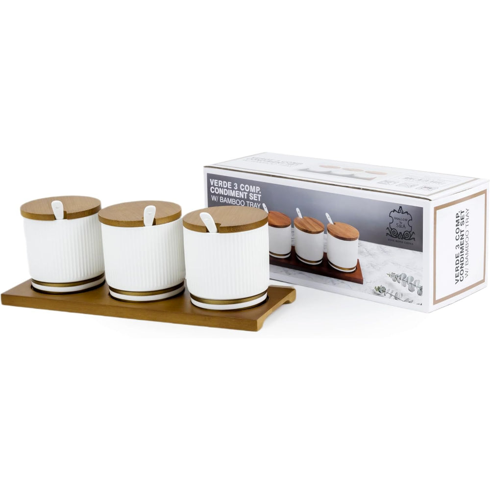 Shallow Porcelain New Verde 3-Compartment Condiment Set with Bamboo Tray - Elegant Tabletop Delight