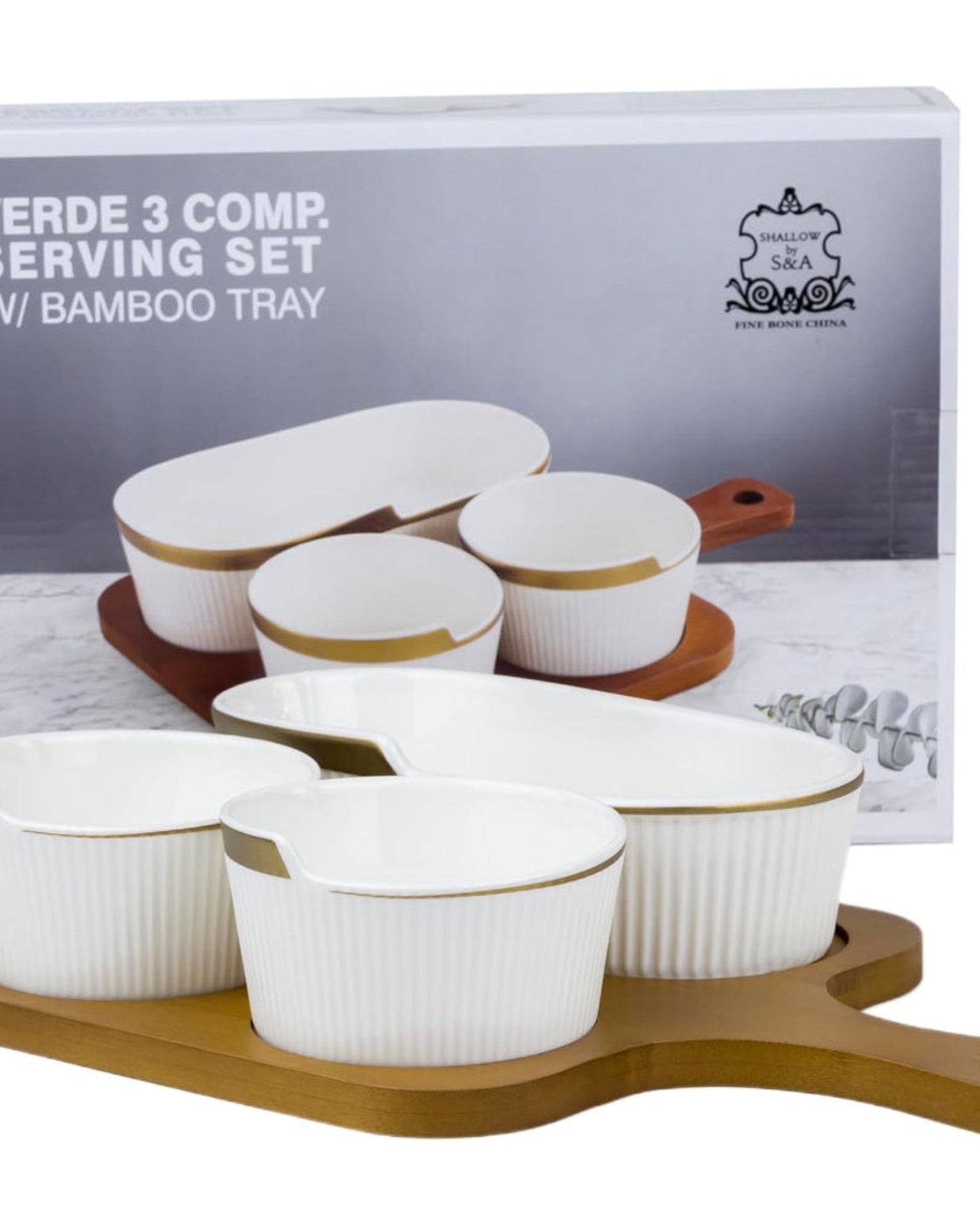 Shallow Porcelain New Verde 3-Compartment Serving Set with Bamboo Tray - Elegant Culinary Presentation