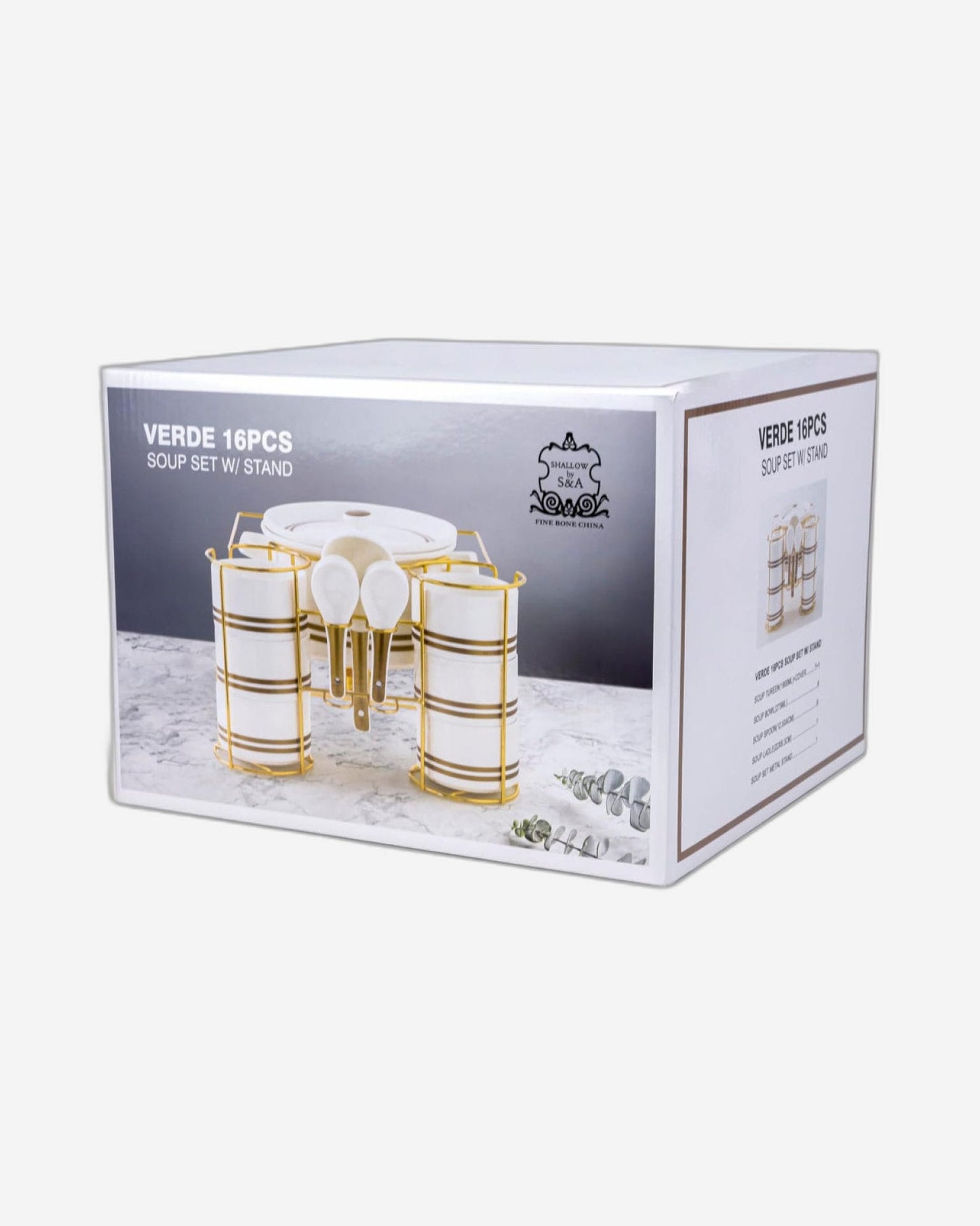 Shallow Porcelain New Verde 16-Piece Soup Set with Stand - Elegant Dining Ensemble
