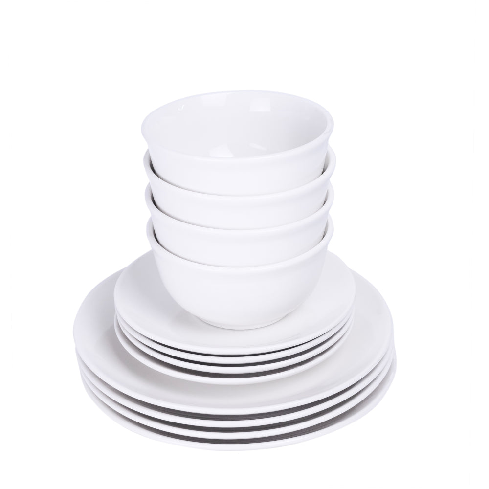 Shallow by Cuisine Art 12-Piece Porcelain Dinnerware Set – Elegant Ceramic Crockery for 4 | Includes 26.8 cm Dinner Plates, 20 cm Side Plates, and 15 cm Bowls, White