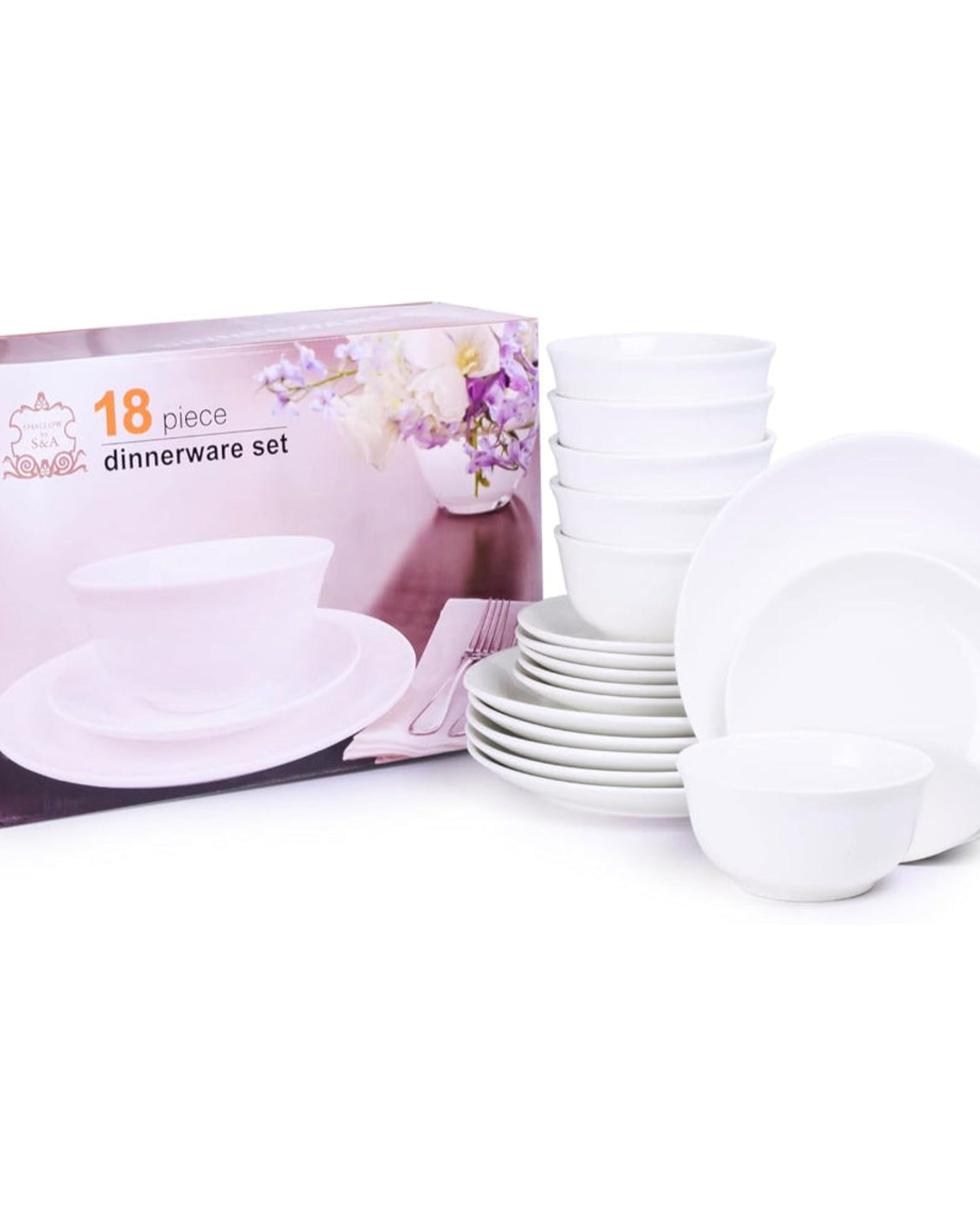 Shallow by Cuisine Art 18-Piece Porcelain Dinnerware Set – Elegant Ceramic Crockery for 6 | Includes 26.8 cm Dinner Plates, 20 cm Side Plates, and 15 cm Bowls, White