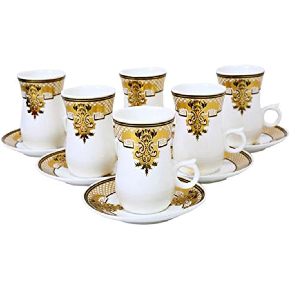 Shallow Bone China 12 Pcs Istikan Cups & Saucer Set, Elegant Porcelain Turkish Tea Cups for Coffee, Tea & Hot Beverages