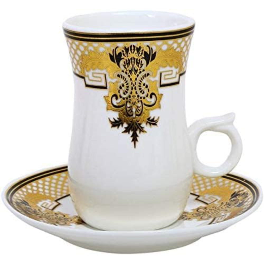 Shallow Bone China 12 Pcs Istikan Cups & Saucer Set, Elegant Porcelain Turkish Tea Cups for Coffee, Tea & Hot Beverages