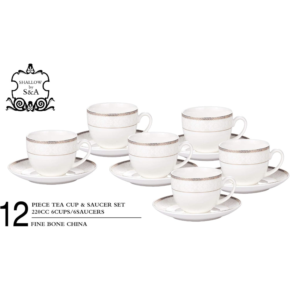 Shallow Bone China Cups and Saucers Set, White/Gold, 220ml, 12 Pieces, Elegant Porcelain Tea & Coffee Cups with Matching Saucers