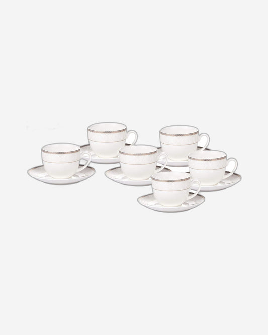 Shallow Bone China Cups and Saucers Set, White/Gold, 220ml, 12 Pieces, Elegant Porcelain Tea & Coffee Cups with Matching Saucers