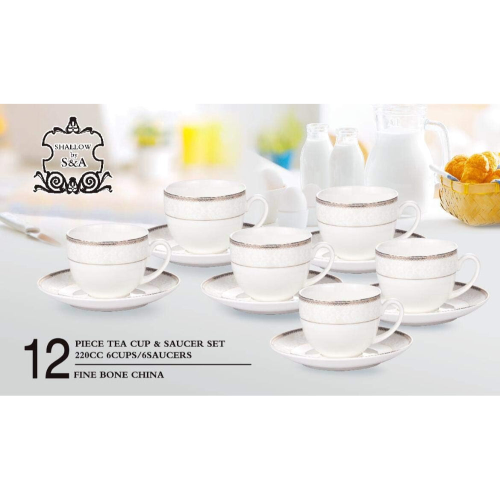 Shallow Bone China Cups and Saucers Set, White/Gold, 220ml, 12 Pieces, Elegant Porcelain Tea & Coffee Cups with Matching Saucers