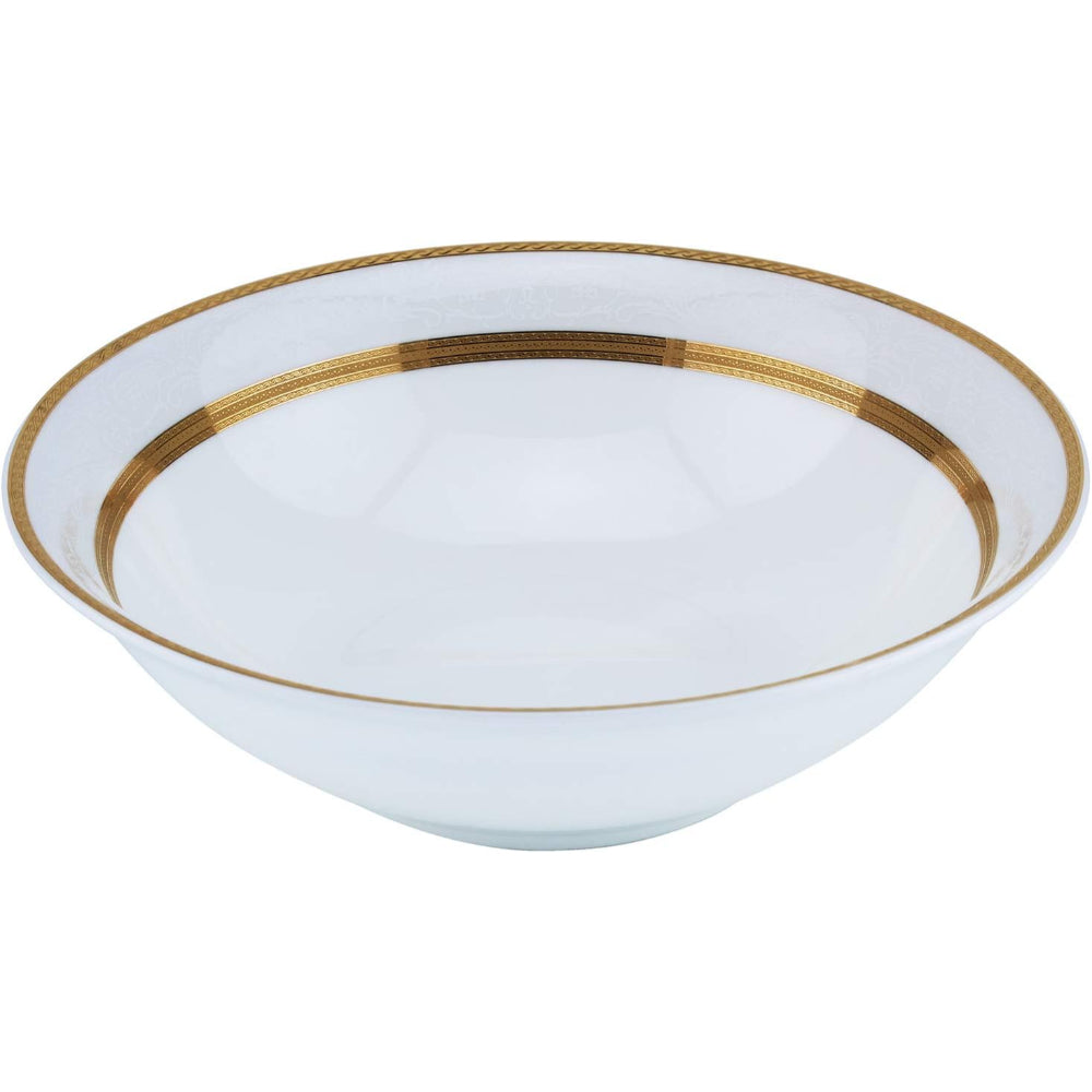 Shallow Porcelain Royal Bowl with Gold Rim, White, 23 cm, Elegant Serving Bowl for Soup, Salad, Dessert & More