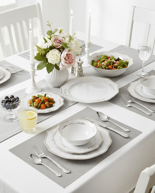 Shallow ZENA Dinner Set 32 pcs White with Gold Border