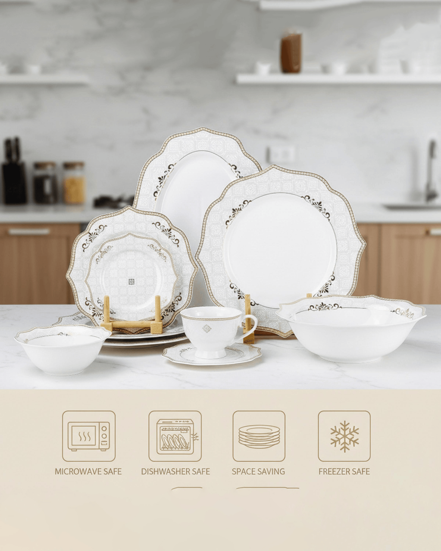 Shallow ZENA Dinner Set 32 pcs White with Gold Border