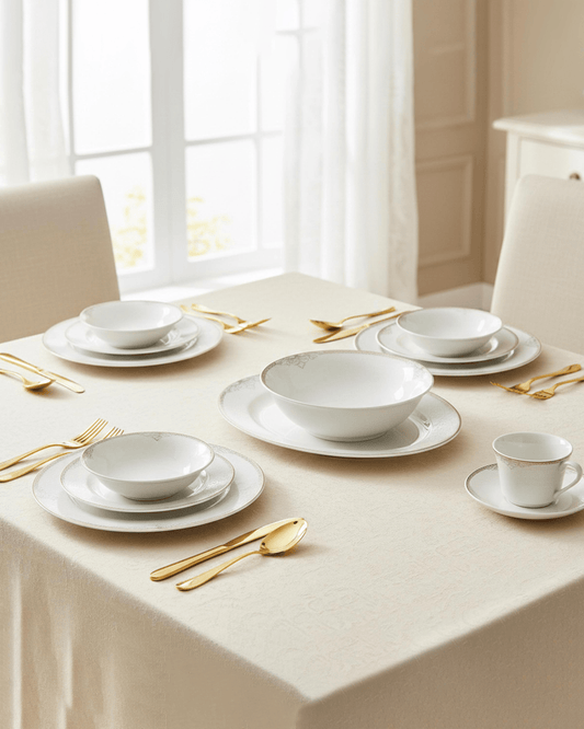 Shallow ASMA Dinner Set 32 pcs White with Elegant Gold Rim