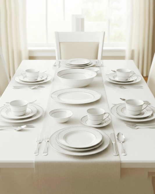 Shallow JUNA Dinner Set 32 pcs White Geometric Design with Serving Pieces