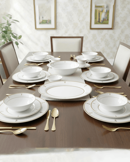 Shallow ZAYA Dinner Set 32 pcs White Ornamental Design with Gold Rim