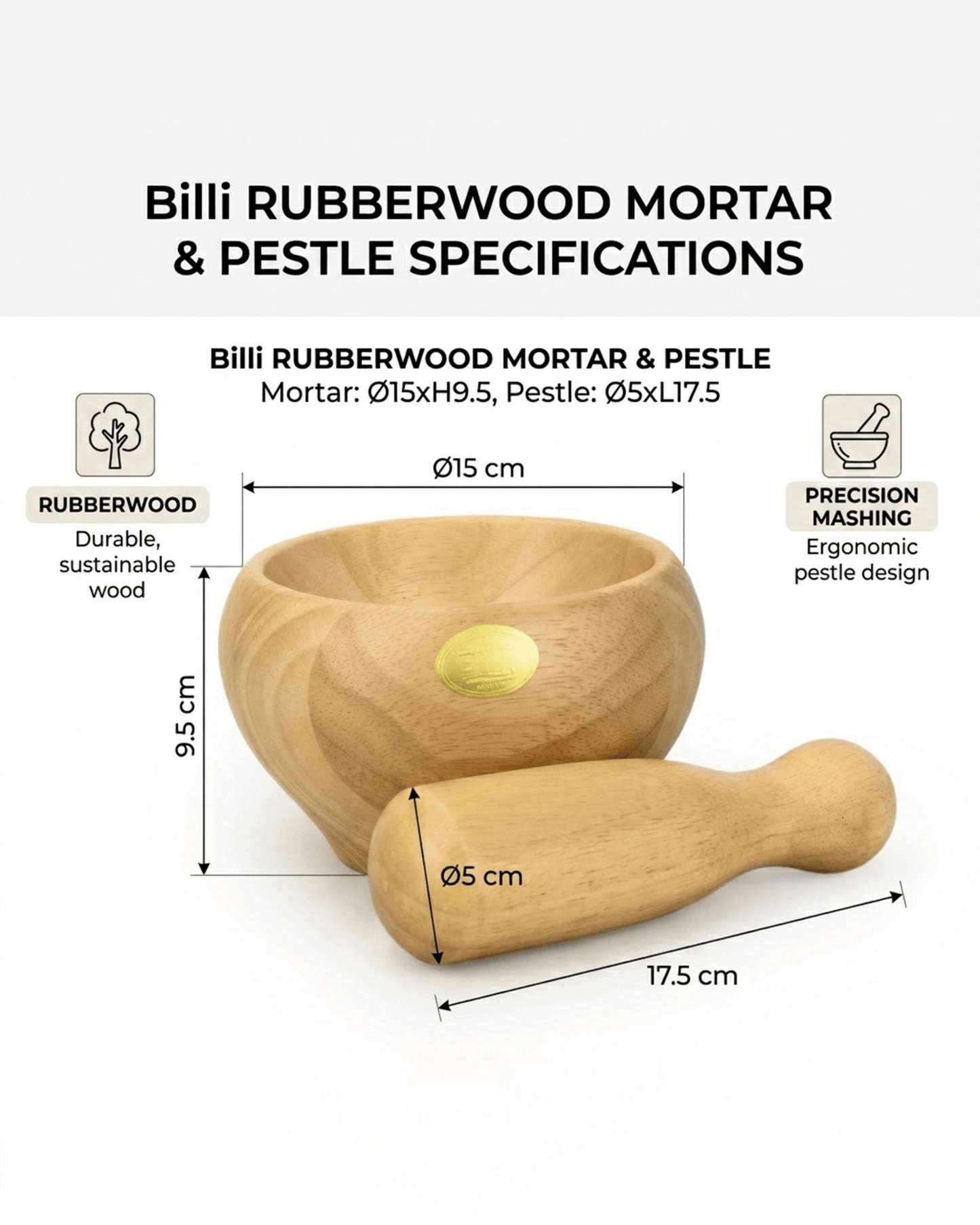 Billi Wooden Mortar and Pestle Rubberwood 15 cm