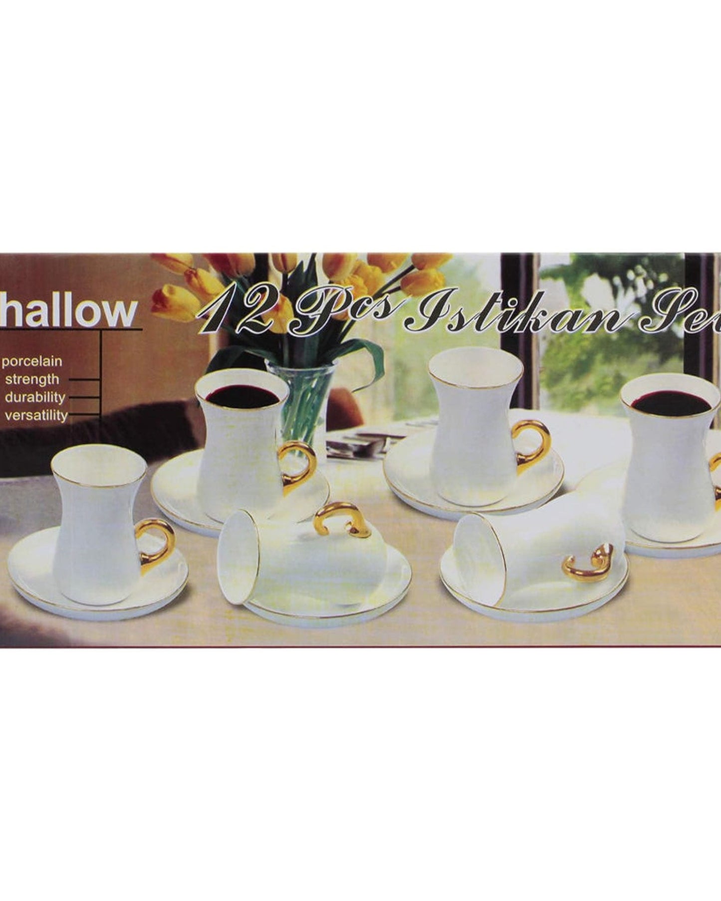 Shallow Bone China Cup and Saucer Set, 12 Pieces, Beige and Gold, Elegant Tea and Coffee Cups for Special Occasions