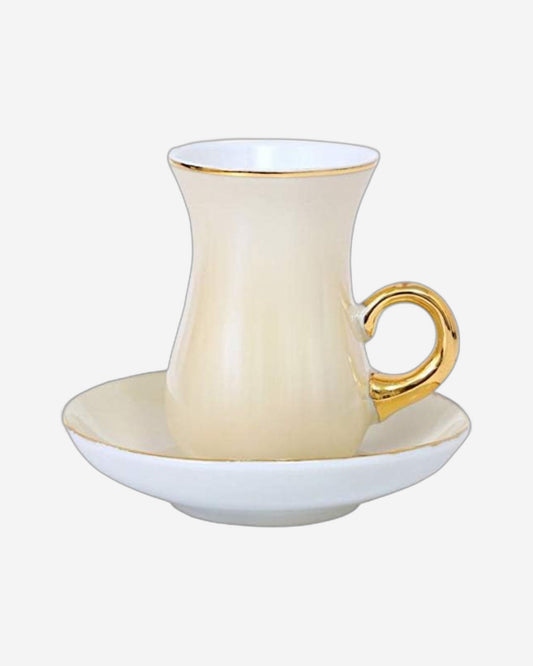 Shallow Bone China Istikan Cups and Saucers Set, Beige/Gold, 12 Pieces, Elegant Tea Set for 6 People