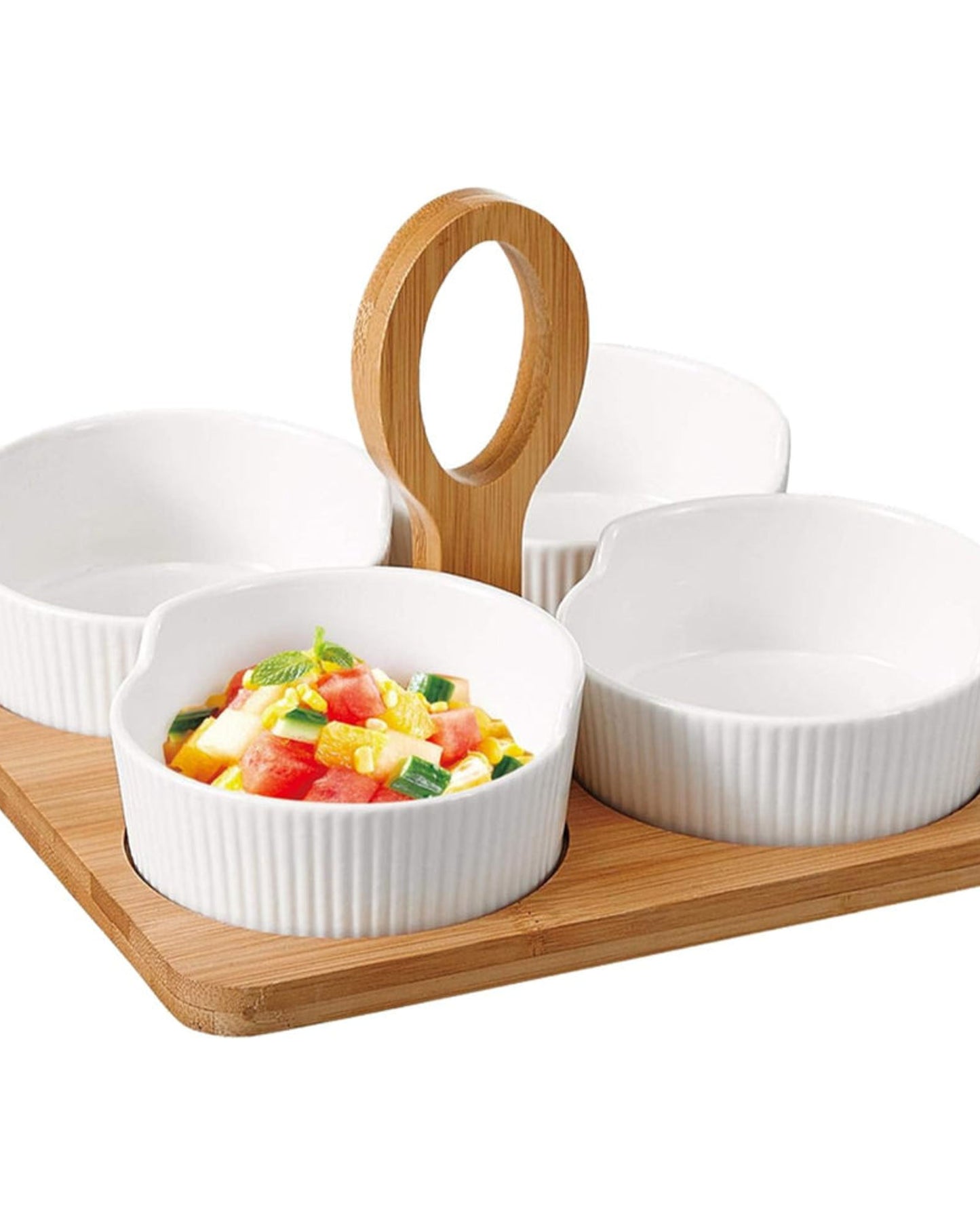 Shallow Porcelain 4 Pieces Boat Dish Set with Bamboo Base & Handle, Elegant Serving Dishes for Appetizers, Snacks, and More