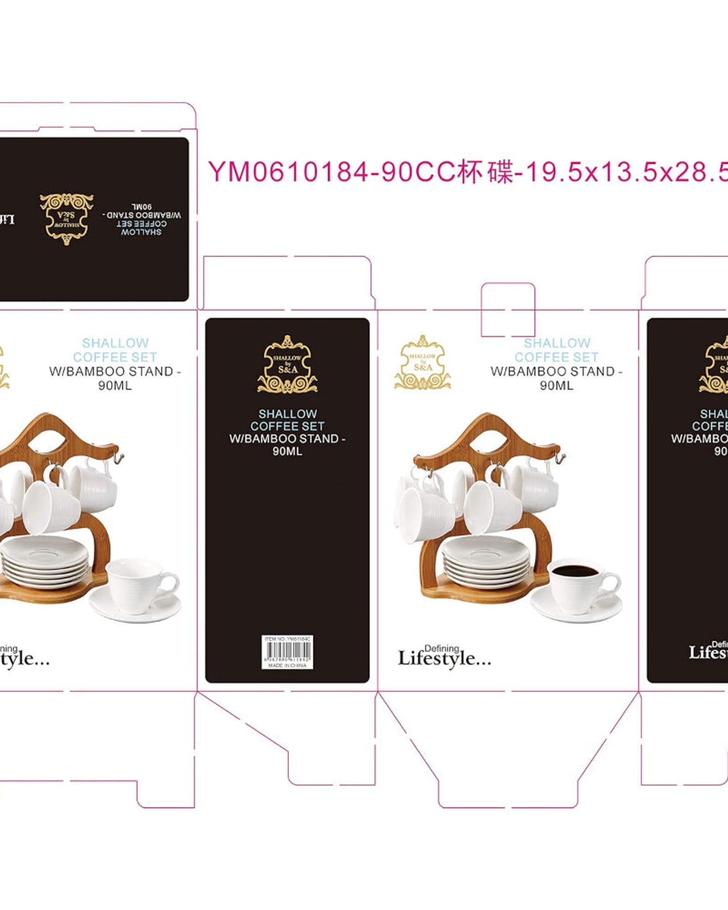 Shallow Porcelain Coffee Set with Bamboo Stand, 90ml, Elegant Coffee Cups and Saucer Set for Espresso, Tea, and More