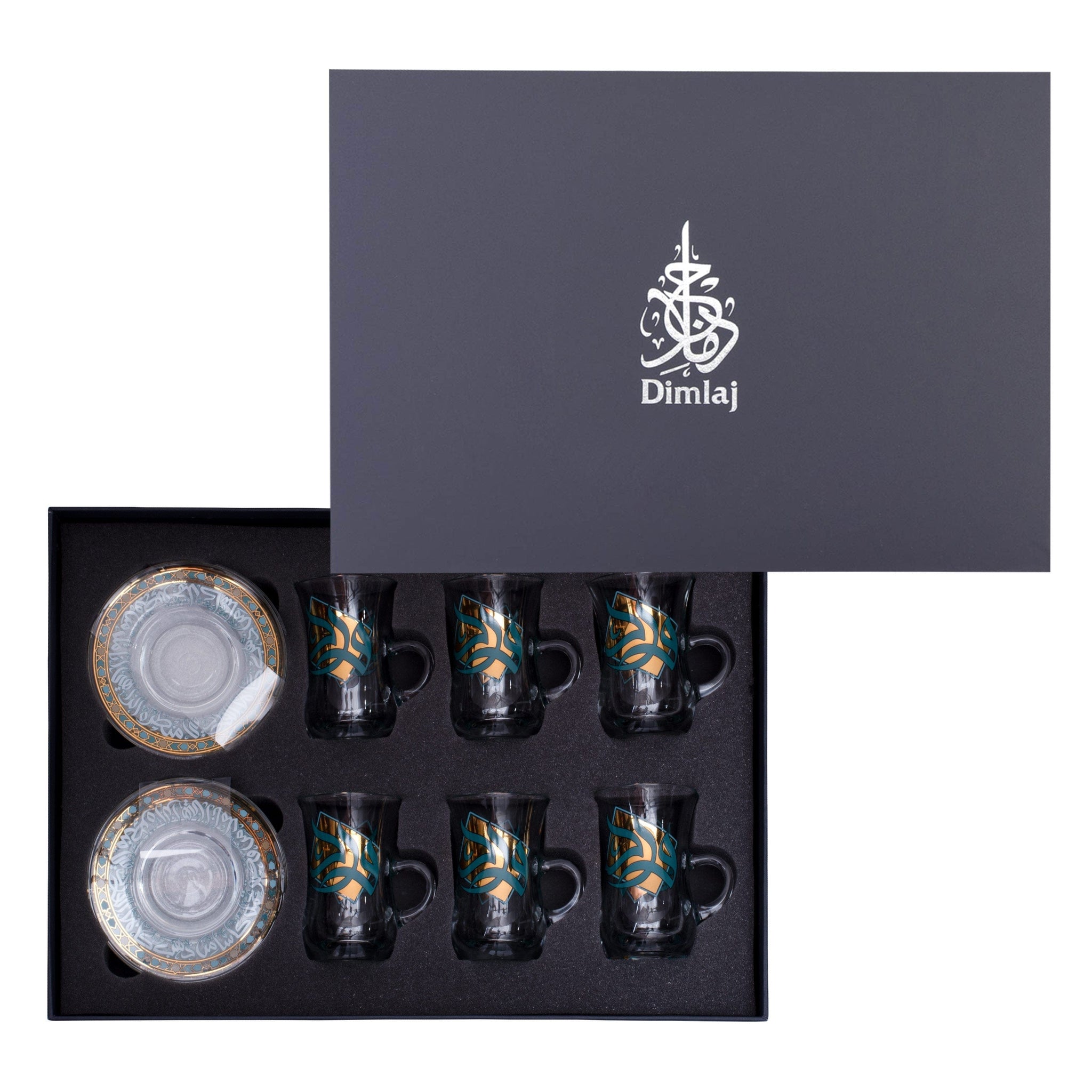 Dimlaj Wurood Tea Cups & Saucers 6Pc Gold & Green