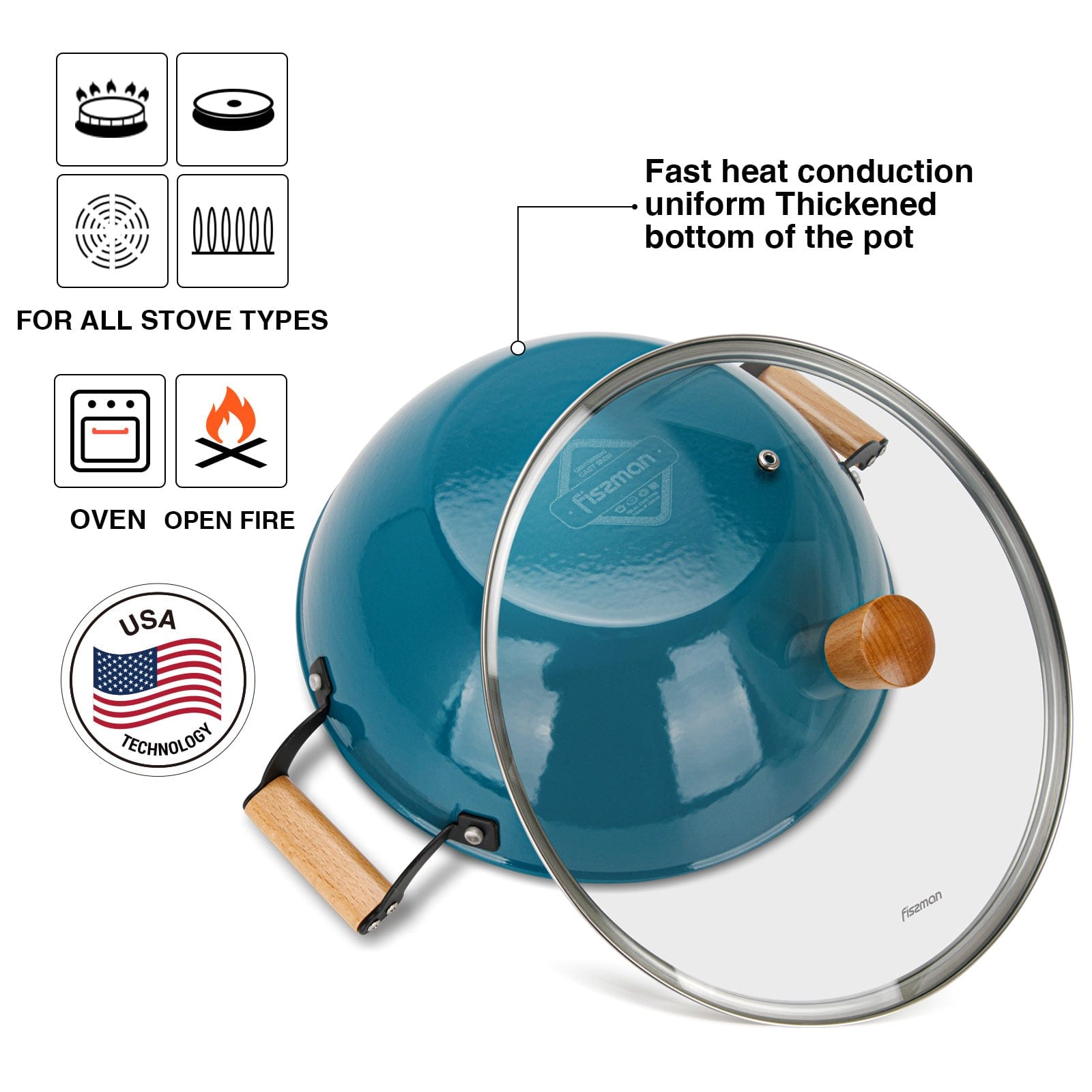 Fissman Wok Seagreen Cast Iron 5L