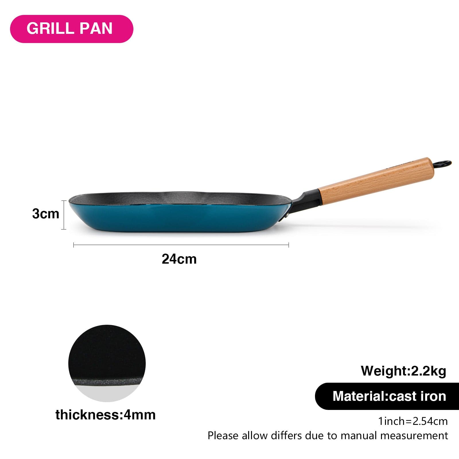 Fissman Grill Pan Cast Iron Square Wooden 28cm