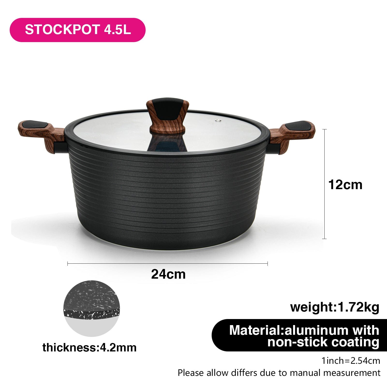 Fissman Stockpot With Glass Lid Aluminium With Non-Stick Coating Diamond Series Grey/Clear 24x12cm
