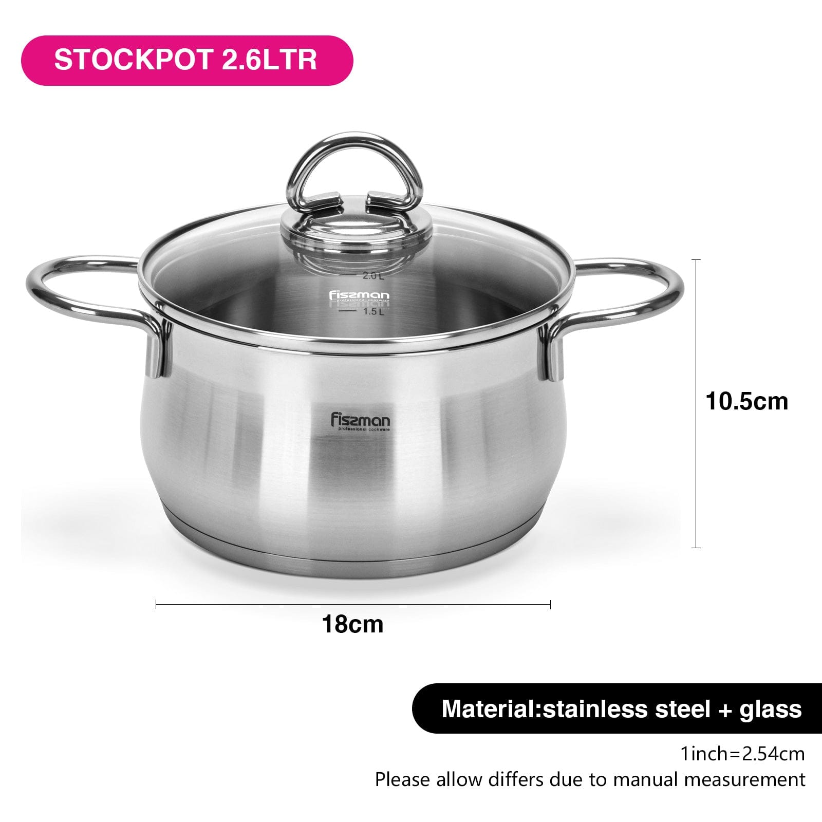 Fissman Saucepan Monica Series 18/10 Inox304 Stainless Steel With Clear Glass Lid Silver 20x10cm/2.5 Liter