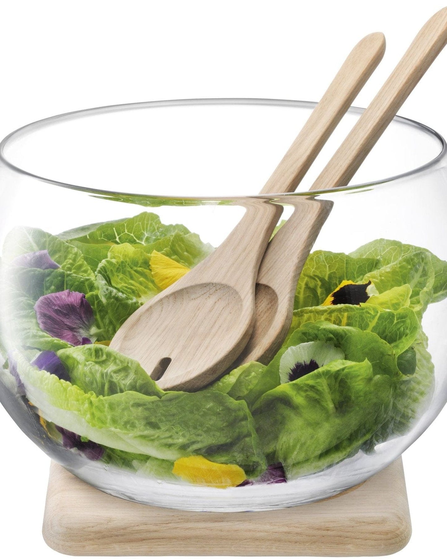 Serve Salad Set & Oak Base 27cm Clear