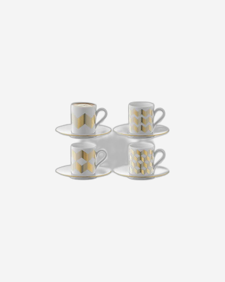 Lsa Chevron Coffee Cup & Saucer  Gold Assorted X 4