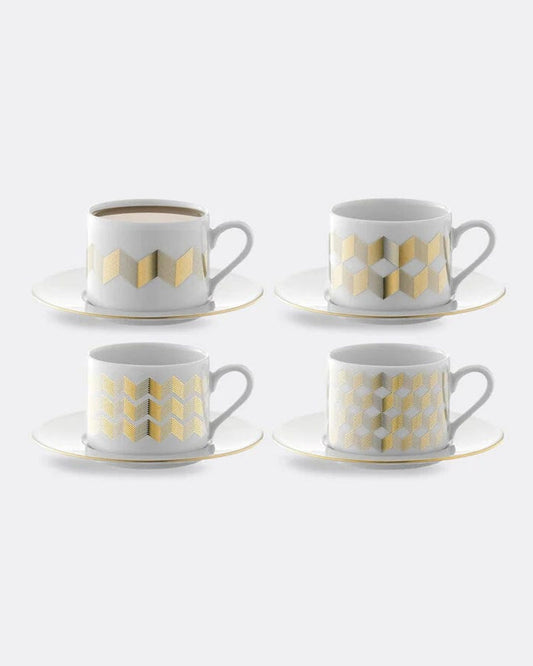 Lsa Chevron Teacup & Saucer Gold Assorted X 4