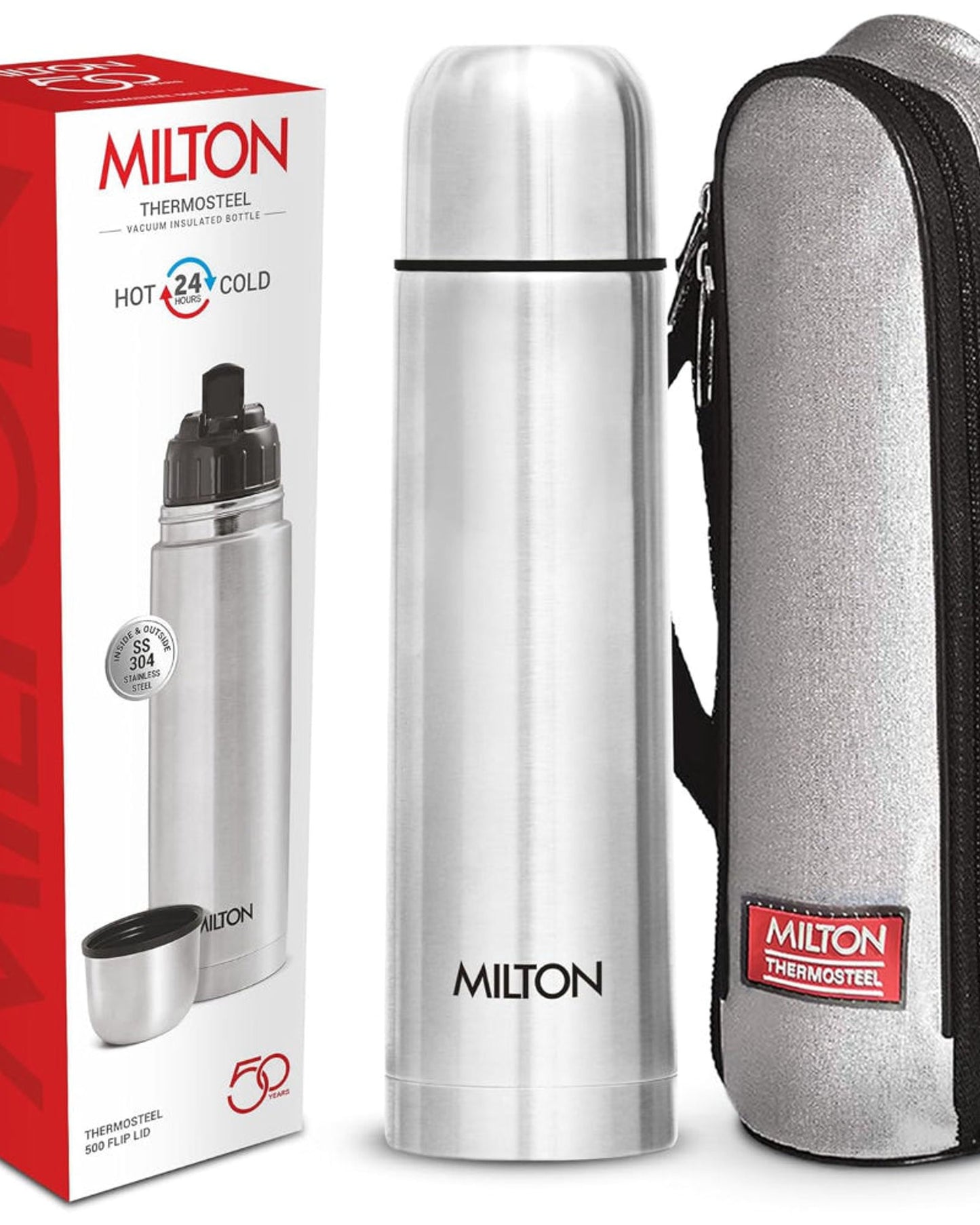 Milton Flip Lid 500 Thermosteel 500 Ml Water Bottle, 24 Hr Hot And Cold I Leak Proof Lid With Jacket, Isi Certified I Vacuum Insulated I For Office, Gym, School I Silver