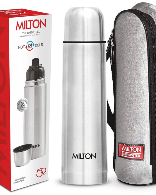 Milton Flip Lid 500 Thermosteel 500 Ml Water Bottle, 24 Hr Hot And Cold I Leak Proof Lid With Jacket, Isi Certified I Vacuum Insulated I For Office, Gym, School I Silver
