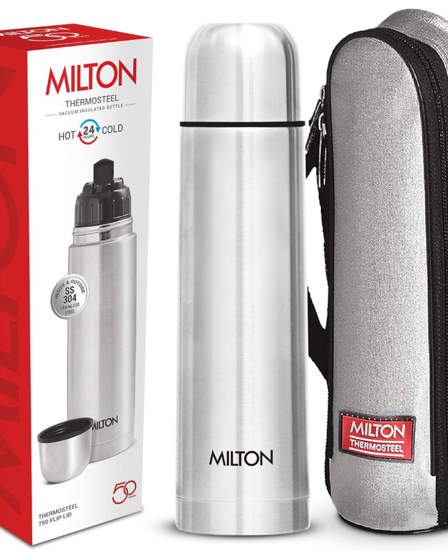 Milton Flip Lid 750 Thermosteel 750 Ml Water Bottle, 24 Hr Hot And Cold I Leak Proof Lid With Jacket, Isi Certified I Vacuum Insulated I For Office, Gym, School I Silver