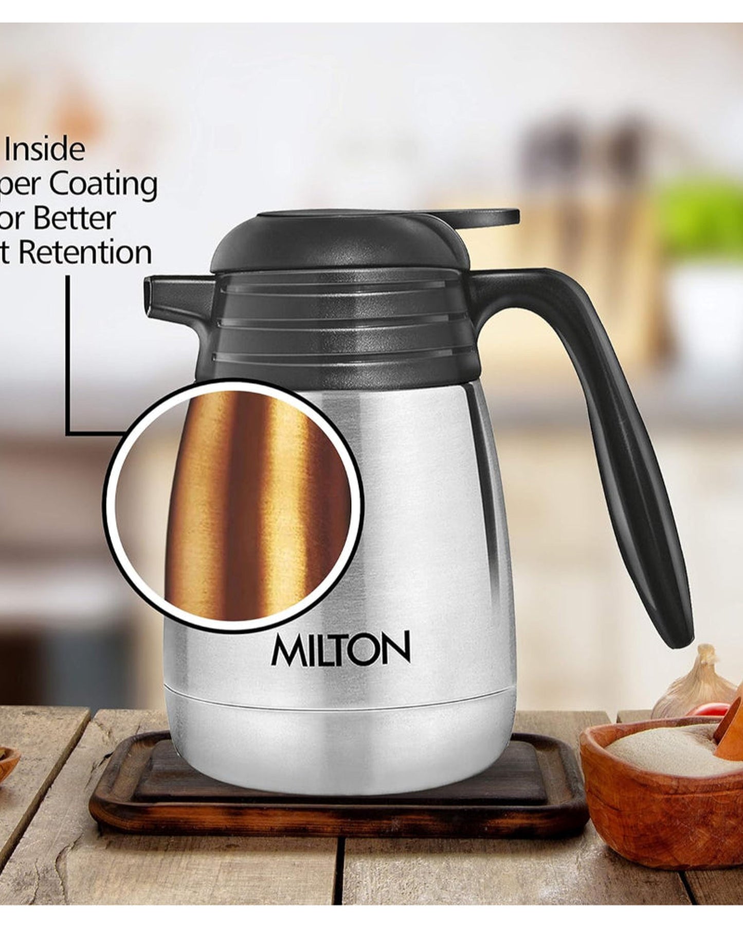Milton Thermosteel Carafe 24 Hours Hot And Cold, 1000 Ml, Silver |Double Walled | Food Grade | Tea | Coffee, Heat & Cold Retention, Leak Proof, Rust Free, Easy To Carry