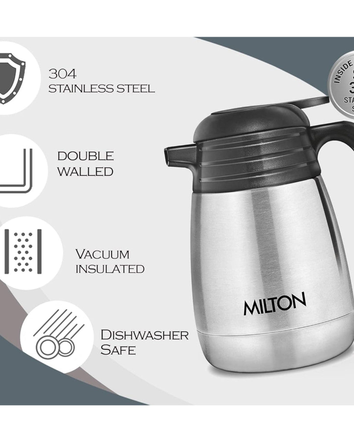 Milton Thermosteel Carafe 24 Hours Hot And Cold, 1000 Ml, Silver |Double Walled | Food Grade | Tea | Coffee, Heat & Cold Retention, Leak Proof, Rust Free, Easy To Carry