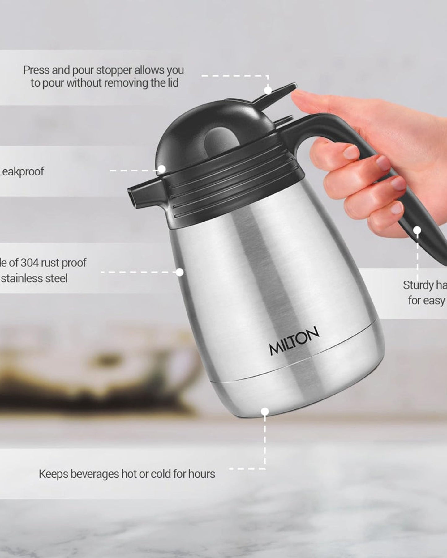 Milton Thermosteel Carafe 24 Hours Hot And Cold, 600 Ml, Silver |Double Walled | Food Grade | Tea | Coffee, Heat & Cold Retention, Leak Proof, Rust Free, Easy To Carry