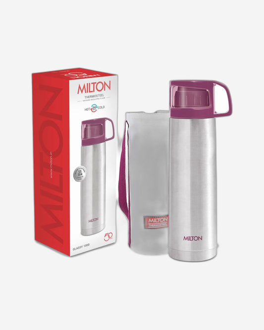 Milton Glassy 1000 Thermosteel Bottle – 1 Litre, Purple | 24-Hour Hot & Cold Insulation | Leak-Proof | Drinking Cup Lid | For Office, Gym, Home, Kitchen, Travel, Hiking & Trekking