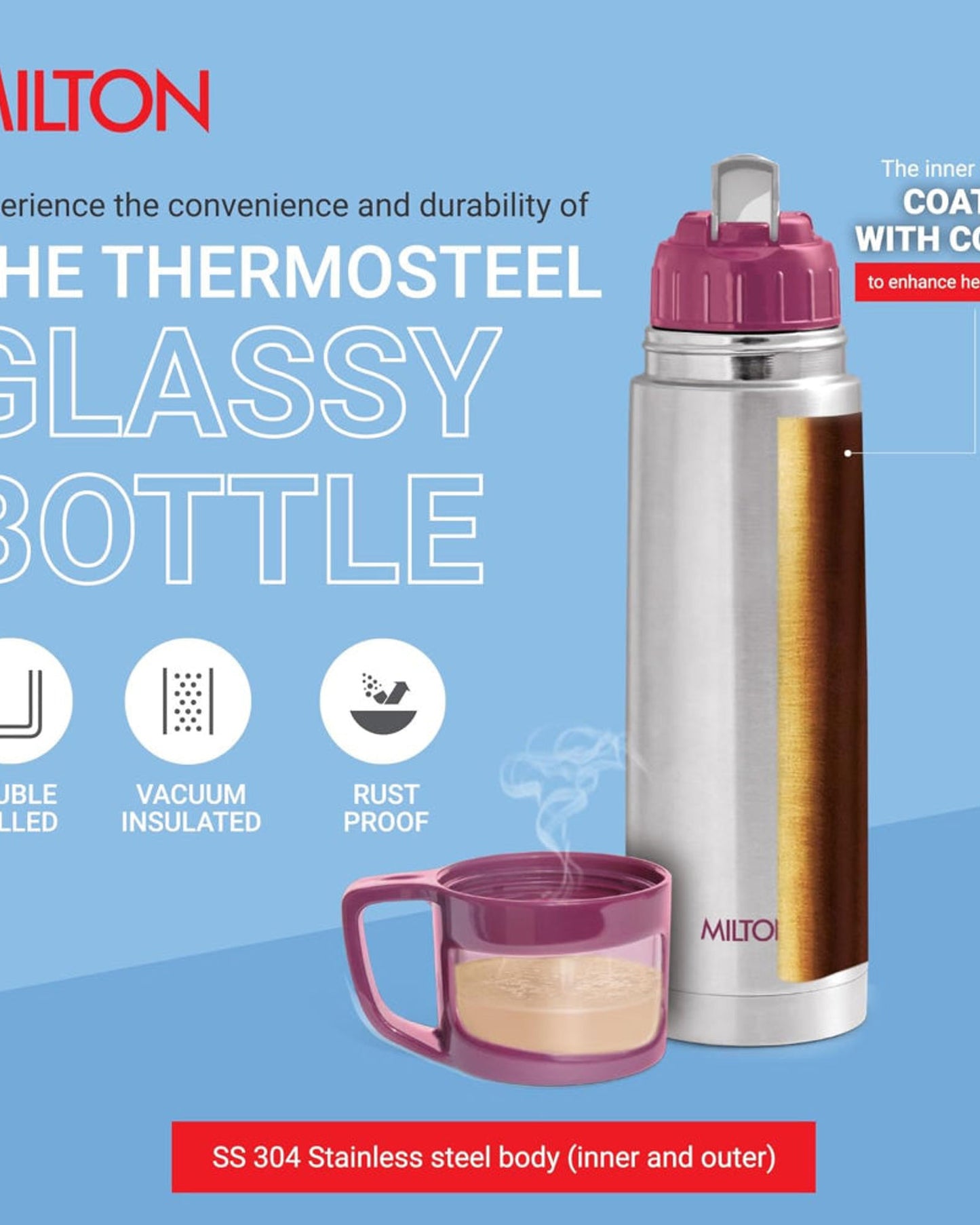 Milton Glassy 1000 Thermosteel Bottle – 1 Litre, Purple | 24-Hour Hot & Cold Insulation | Leak-Proof | Drinking Cup Lid | For Office, Gym, Home, Kitchen, Travel, Hiking & Trekking